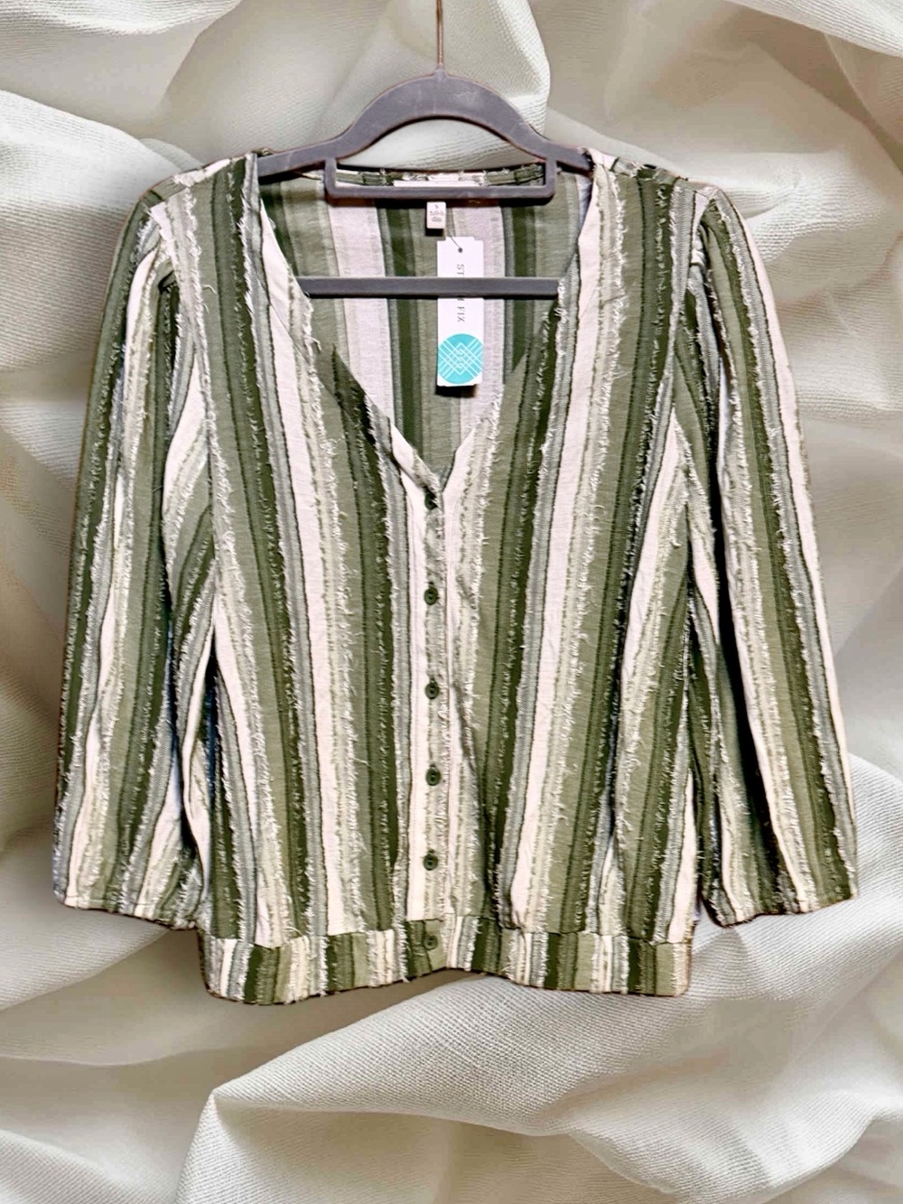 Pale Sky Stitch Fix NWT Striped Button-Front Olive & Cream Women’s Top sz Small